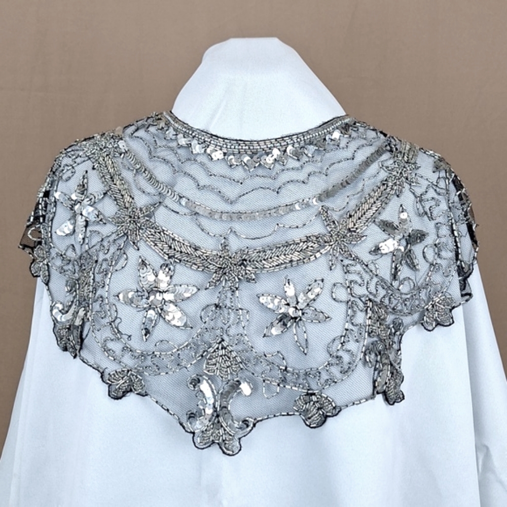 Embellished Silver Sequin Lace Capelet - Women's Accessory